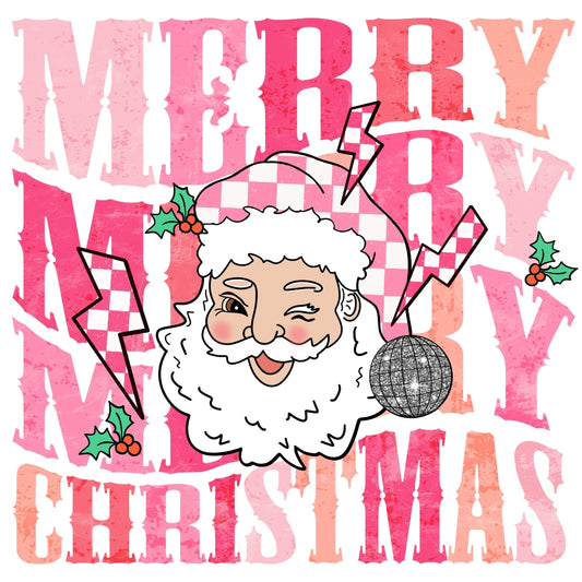 Merry Christmas Santa Wavy Fabric Panel featuring a winking Santa with pink checkered hat and festive holly on premium quilting cotton.