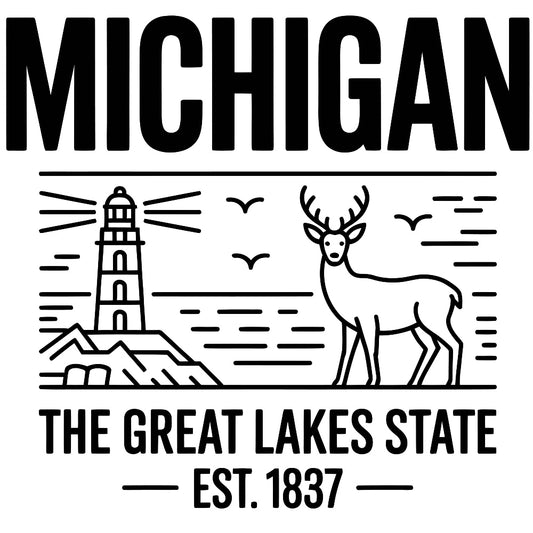 Michigan Black and White Fabric Panel featuring a lighthouse and deer with "The Great Lakes State Est. 1837" printed design.