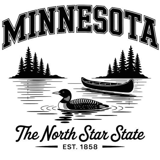 Minnesota Black and White Fabric Panel featuring a loon, canoe, pine trees, and "The North Star State" text in classic black and white design.