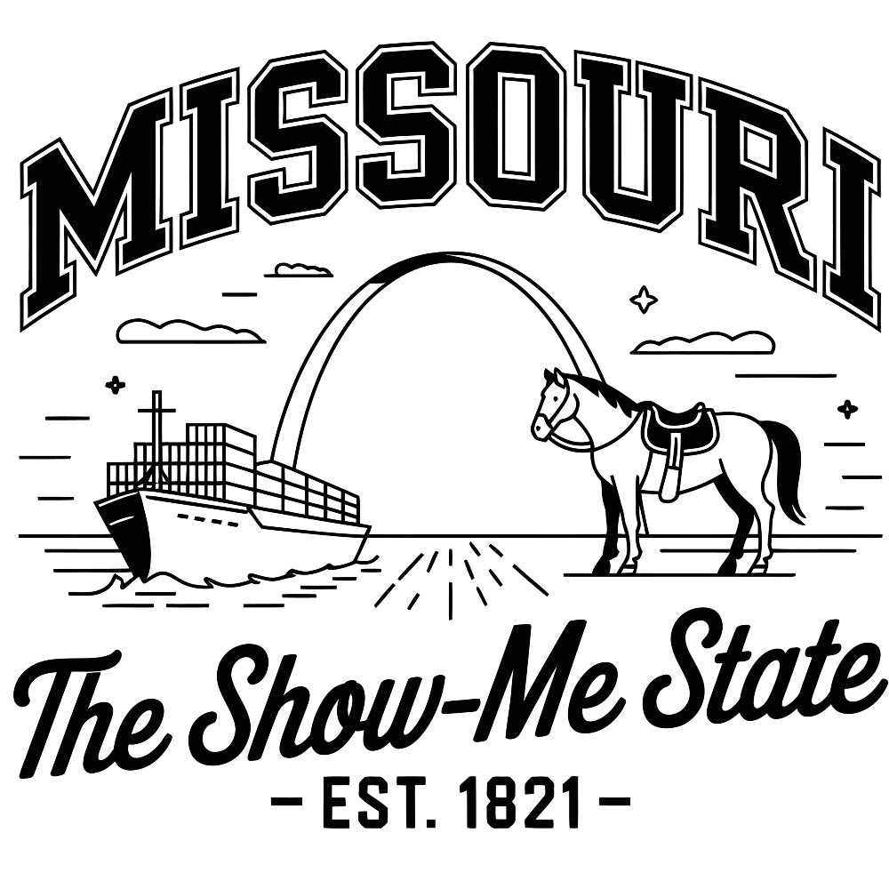 Missouri Black and White Fabric Panel featuring state landmarks and symbols in premium quilting cotton print.