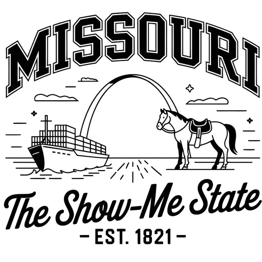 Missouri Black and White Fabric Panel featuring state landmarks and symbols in premium quilting cotton print.