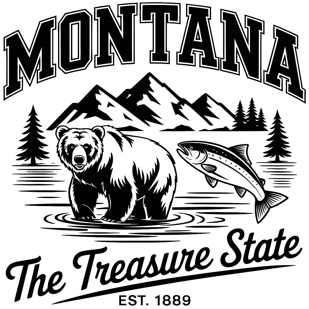 Montana Black and White Fabric Panel featuring a bear, fish, pine trees, mountains, and "The Treasure State" text design.