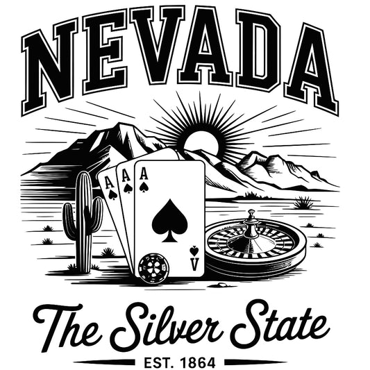Nevada Black and White Fabric Panel featuring mountains, cactus, playing cards, roulette wheel, and "The Silver State" text in bold design.