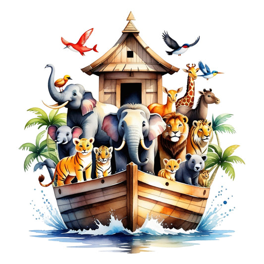 Noah's Ark Round Fabric Panel 1 featuring colorful animals and ark boat design on premium quilting cotton fabric.