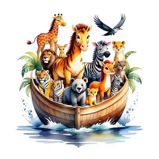 Noah's Ark Round Fabric Panel 10 featuring colorful animals on a wooden ark with water splash, printed on premium quilting cotton