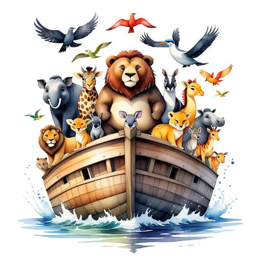 Noah's Ark Round Fabric Panel 11 features vibrant animals on a wooden ark in water, printed on premium quilting cotton.