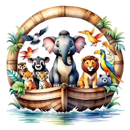 Noah's Ark Round Fabric Panel 12 featuring colorful animals on a wooden ark, printed on premium quilting cotton in the USA