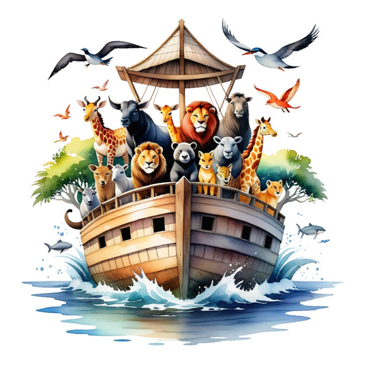Noah's Ark Round Fabric Panel 13 featuring colorful animals on a wooden ark sailing on water, printed on premium quilting cotton.