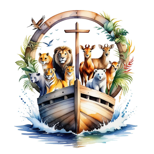 Noah's Ark Round Fabric Panel 14 featuring a colorful ark with paired animals and a wooden cross, printed on premium quilting cotton.