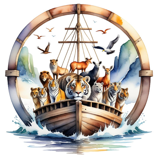 Noah's Ark Round Fabric Panel 16 featuring a detailed ark with animals sailing through waves in vibrant premium fabric print.
