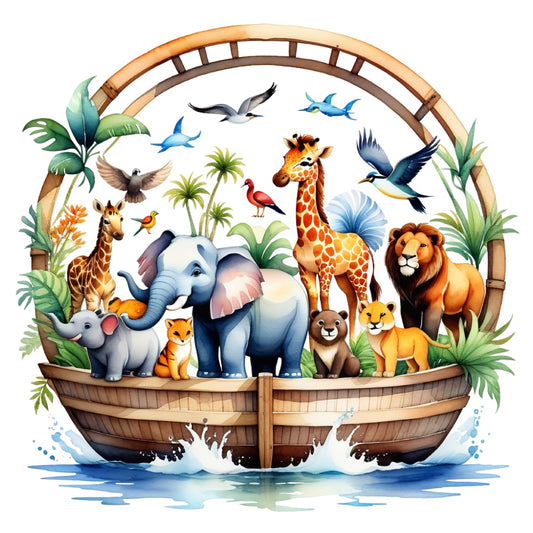 Noah's Ark Round Fabric Panel 2 with colorful animals on a wooden ark surrounded by plants and water splash printed on quilting cotton.