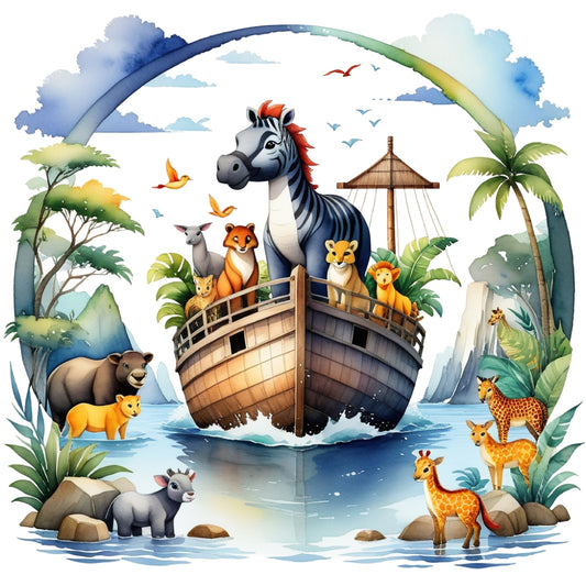 Noah's Ark Round Fabric Panel 3 featuring colorful animals on a wooden ark surrounded by lush nature and water, printed on premium quilting cotton.