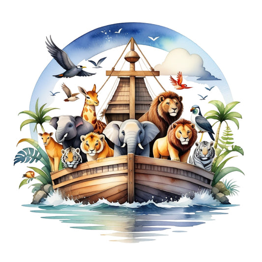 Noah's Ark Round Fabric Panel 4 featuring colorful animals on wooden ark with ocean waves and tropical plants background.