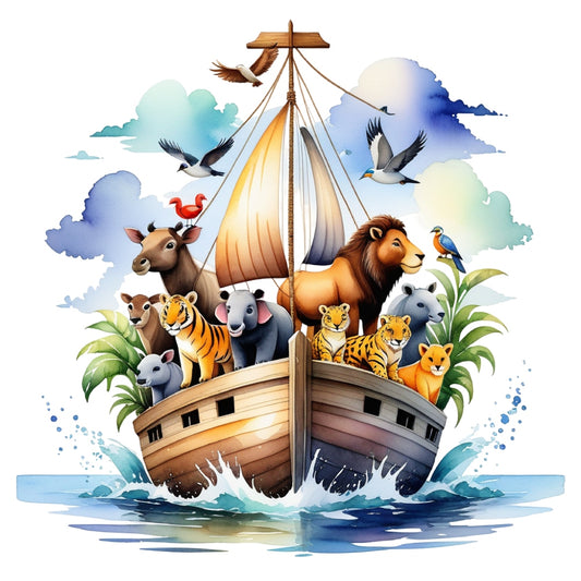 Noah's Ark Round Fabric Panel 5 featuring vibrant animals aboard a wooden ark with colorful sails on premium quilting cotton.