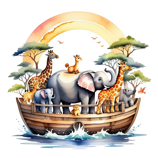 Noah's Ark Round Fabric Panel 6 featuring colorful animals on a wooden ark beneath a vibrant rainbow, printed on premium quilting cotton.
