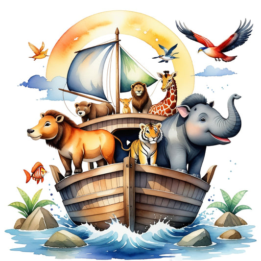 Noah's Ark Round Fabric Panel 7 featuring vibrant animals on a wooden ark with sails, printed on premium quilting cotton.