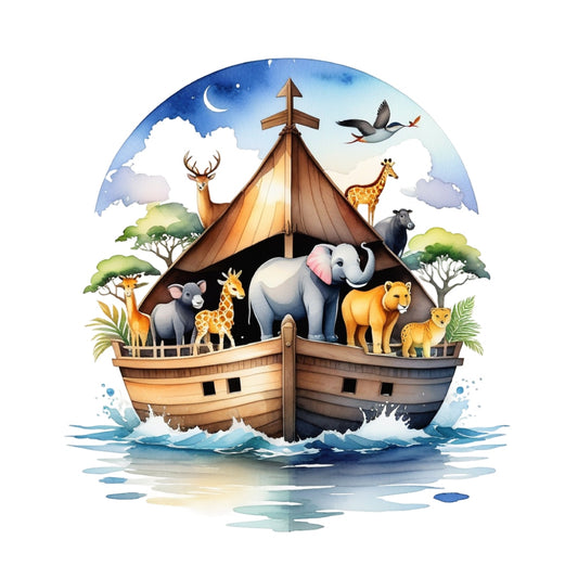 Noah's Ark Round Fabric Panel 8 features a detailed, colorful ark with animals sailing under a night sky on premium quilting cotton.