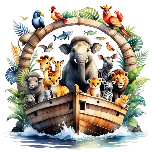 Noah's Ark Round Fabric Panel 9 features detailed colorful animals on a wooden ark sailing on water with tropical leaves background.