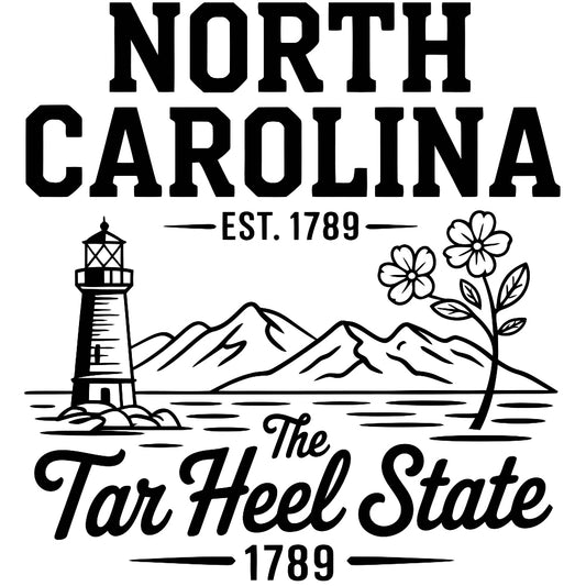 North Carolina Black and White Fabric Panel featuring state landmarks, lighthouse, mountains, and "The Tar Heel State" text design.