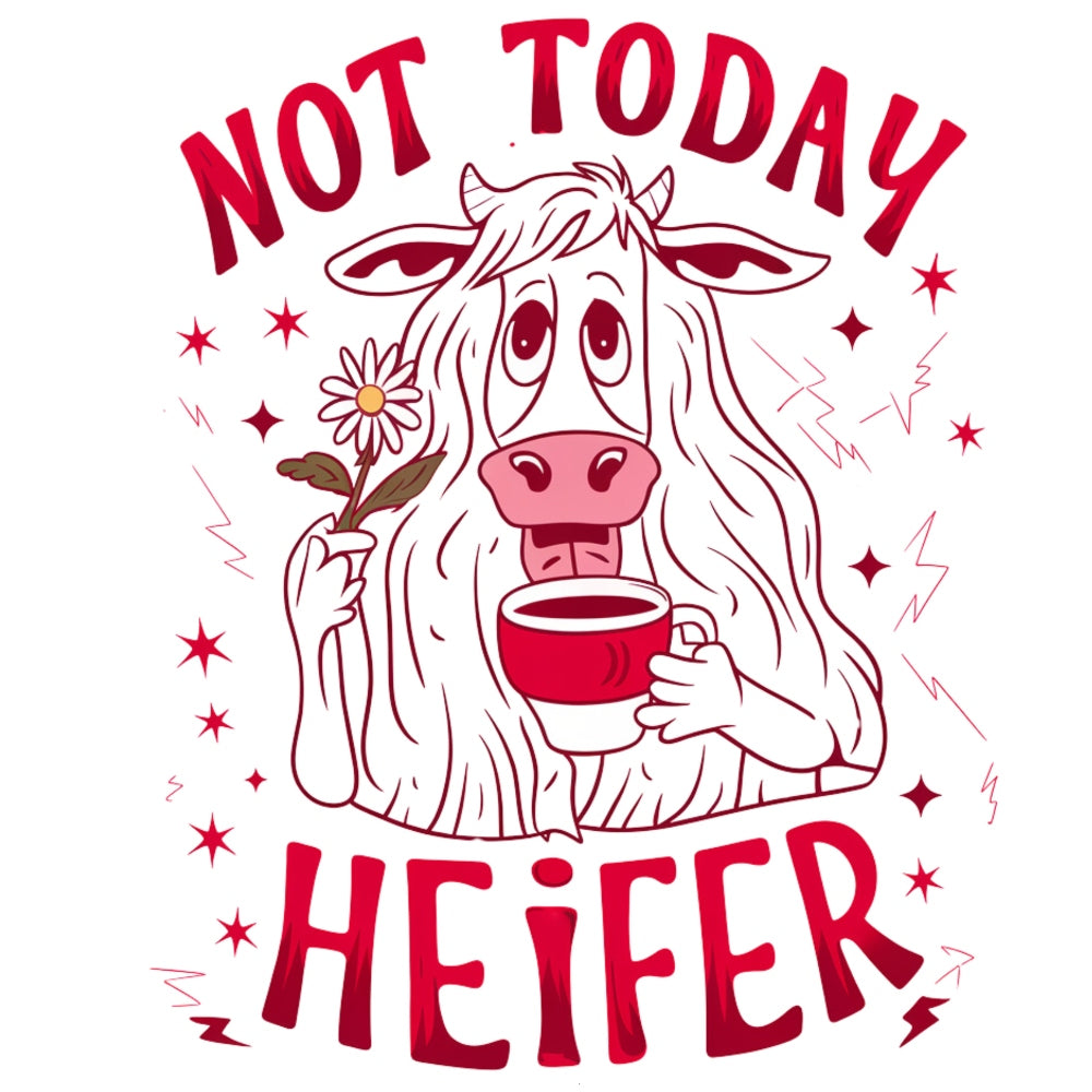 Not Today Heifer Fabric Panel features a whimsical cow holding a flower and coffee cup with playful red text design.