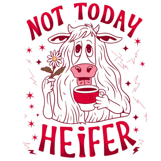 Not Today Heifer Fabric Panel features a whimsical cow holding a flower and coffee cup with playful red text design.