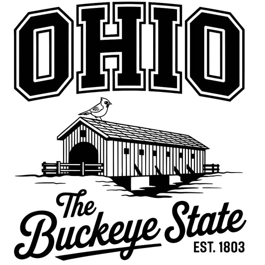 Ohio Black and White Fabric Panel featuring Ohio text, covered bridge, bird, and The Buckeye State EST. 1803 design in premium quilting cotton.