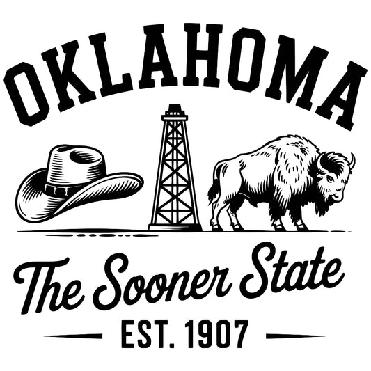 Oklahoma Black and White Fabric Panel featuring cowboy hat, oil rig, and bison with "The Sooner State Est. 1907" text design.