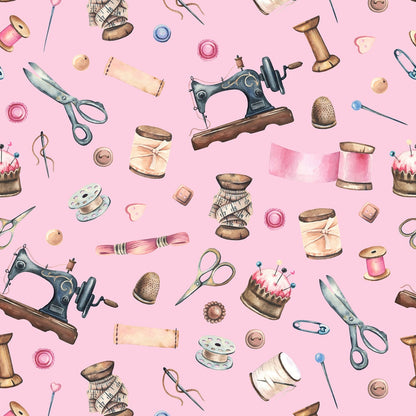 Pink Old Sewing Elements Minky Fabric