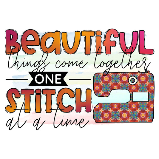 One Stitch Fabric Panel featuring colorful sewing machine artwork and text "Beautiful things come together one stitch at a time