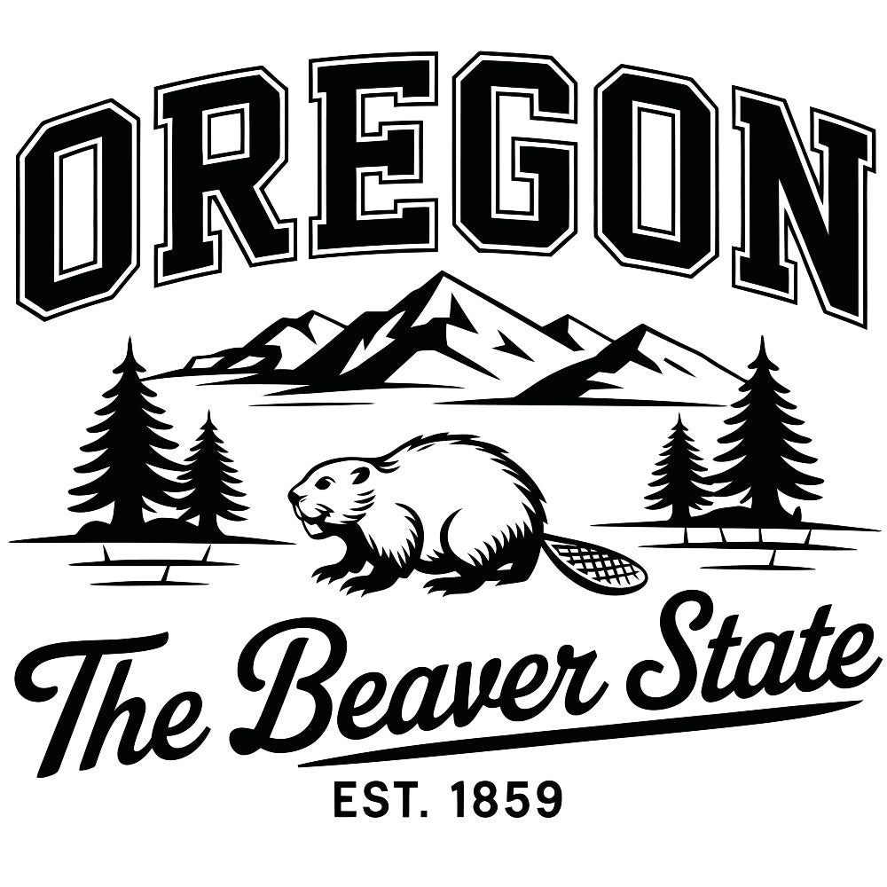 Oregon Black and White Fabric Panel with beaver, pine trees, mountains, and text "The Beaver State Est. 1859" in bold design