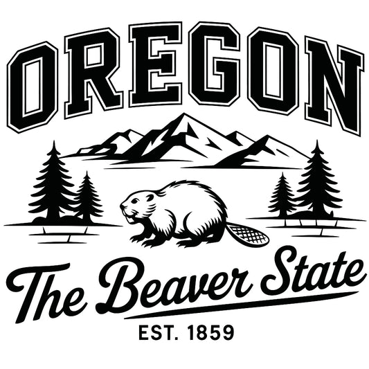 Oregon Black and White Fabric Panel with beaver, pine trees, mountains, and text "The Beaver State Est. 1859" in bold design