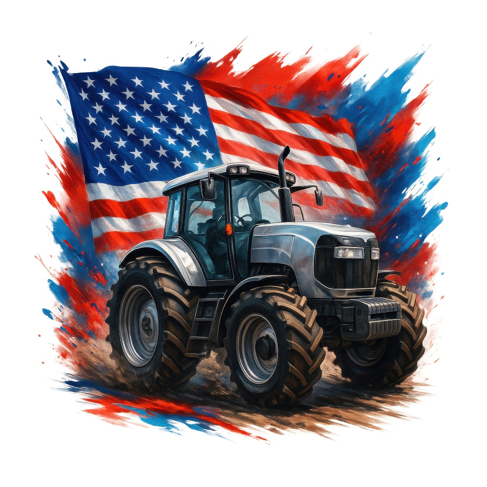 Patriotic Tractor Fabric Panel 11 featuring a detailed tractor with a vibrant American flag backdrop in bold red, white, and blue colors.