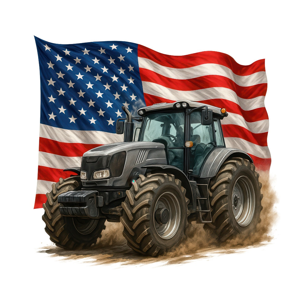 Patriotic Tractor Fabric Panel 12 featuring a large tractor with an American flag background, printed on premium quilting cotton.