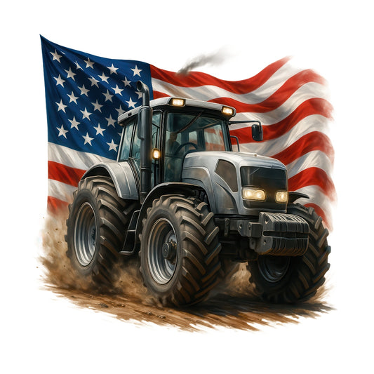 Patriotic Tractor Fabric Panel 14 featuring a powerful tractor in front of a waving American flag on premium quilting cotton.