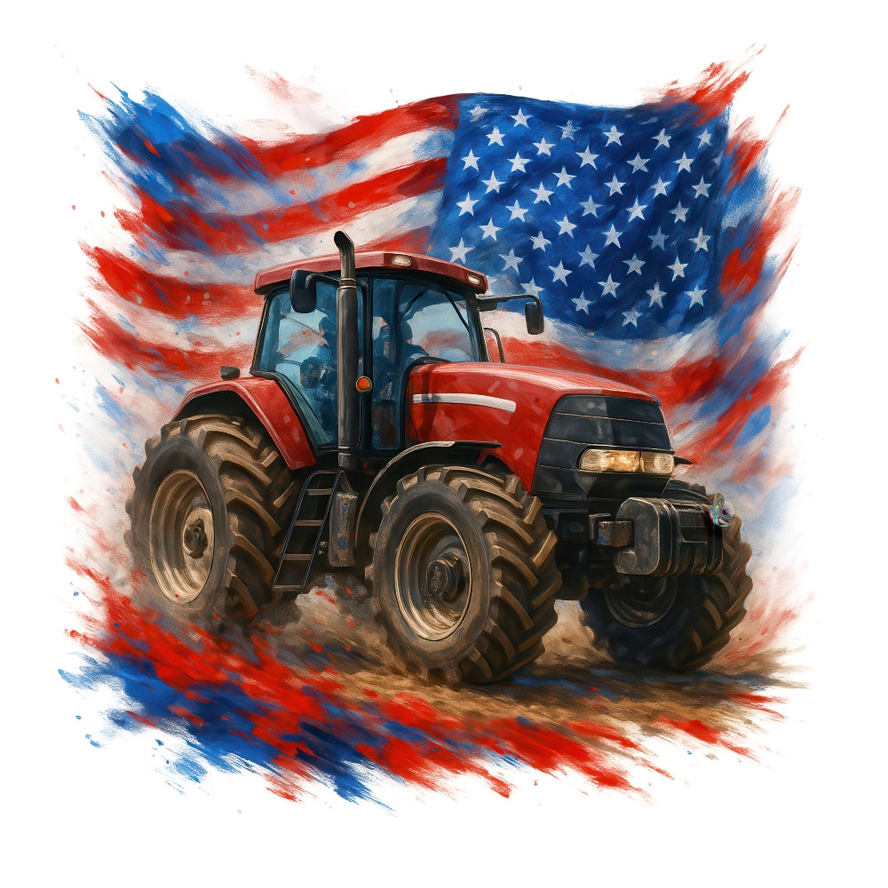 Patriotic Tractor Fabric Panel 15 featuring a red tractor with American flag background printed on 100% premium quilting cotton.