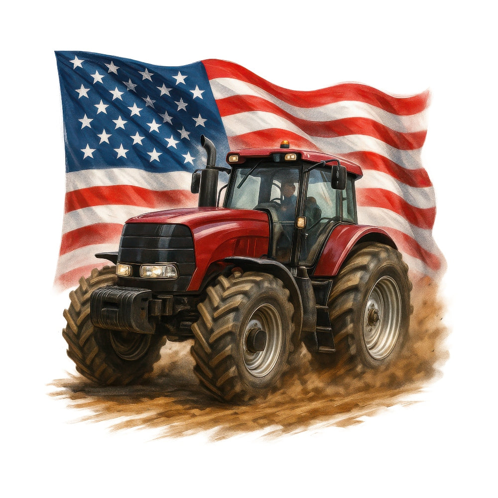 Patriotic Tractor Fabric Panel 16 featuring a red tractor in front of a waving American flag on premium quilting cotton.