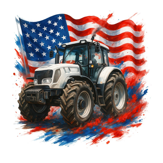 Patriotic Tractor Fabric Panel 17 featuring a detailed tractor with an American flag backdrop in vibrant colors.