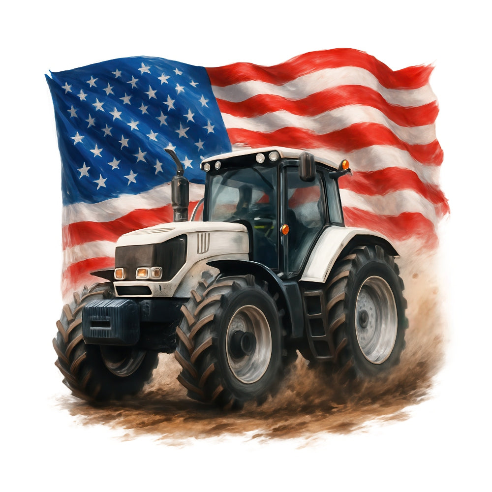 Patriotic Tractor Fabric Panel 18 features a rugged tractor with the American flag waving behind on premium quilting fabric.
