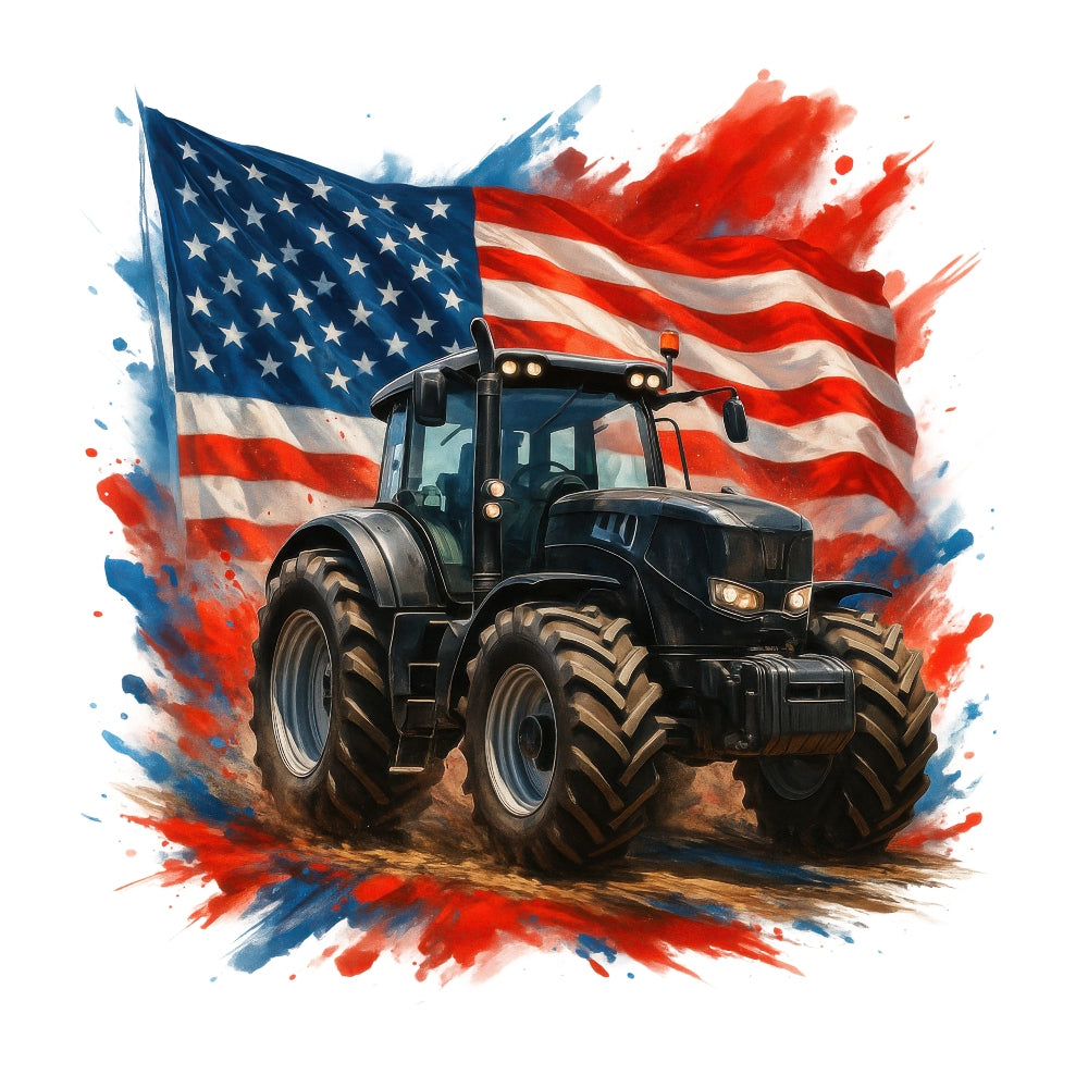 Patriotic Tractor Fabric Panel 19 featuring a bold black tractor with a flowing American flag background in red, white, and blue.
