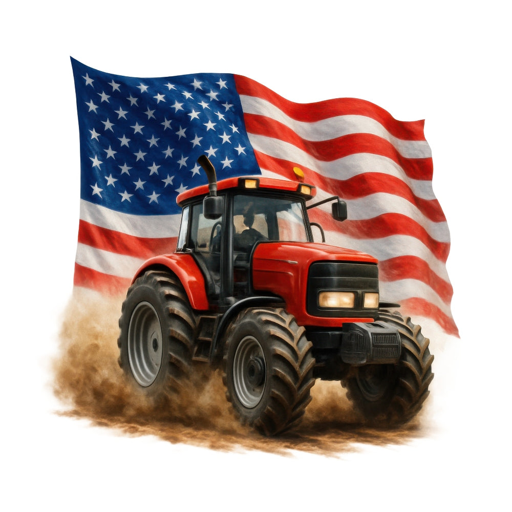 Patriotic Tractor Fabric Panel 2 featuring a red tractor driving with a large waving American flag in the background.