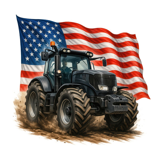 Patriotic Tractor Fabric Panel 20 showing a black tractor kicking up dirt with a waving American flag background.