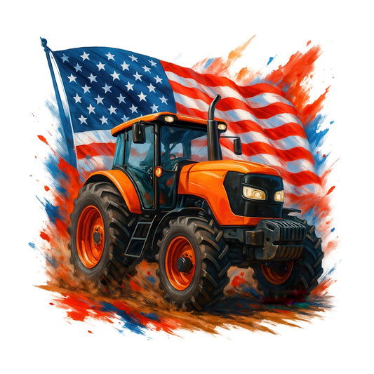 Patriotic Tractor Fabric Panel 21 featuring an orange tractor with large tires in front of a waving American flag background.