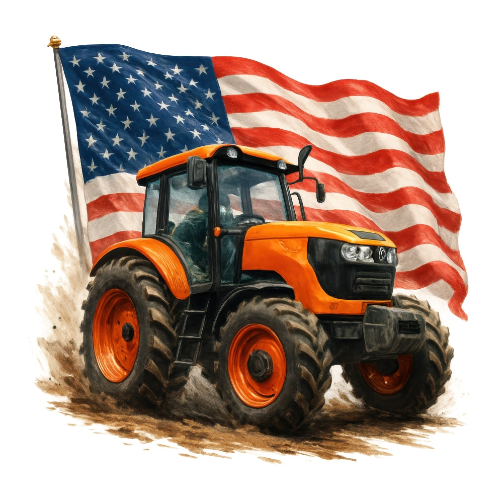 Patriotic Tractor Fabric Panel 22 featuring a bright orange tractor in front of a large waving American flag.