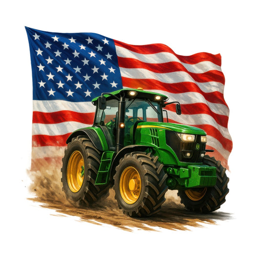 Patriotic Tractor Fabric Panel 4 features a green tractor in front of a waving USA flag, printed on premium quilting cotton.