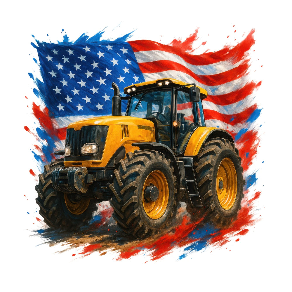 Patriotic Tractor Fabric Panel 5 featuring a detailed yellow tractor with American flag backdrop on premium quilting cotton fabric.