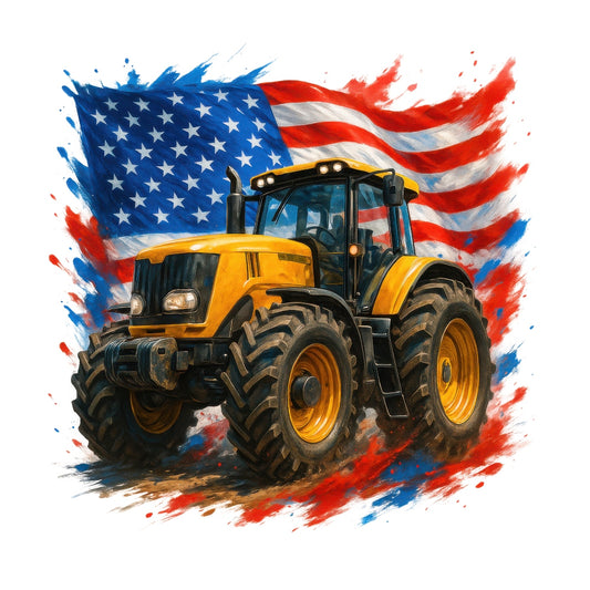 Patriotic Tractor Fabric Panel 5 featuring a detailed yellow tractor with American flag backdrop on premium quilting cotton fabric.