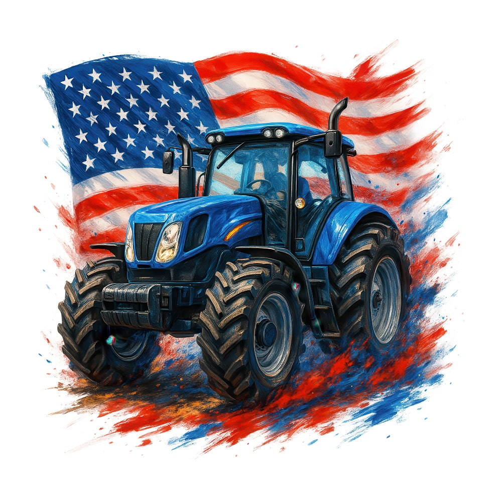 Patriotic Tractor Fabric Panel 7 featuring a detailed blue tractor with American flag backdrop on premium quilting cotton.