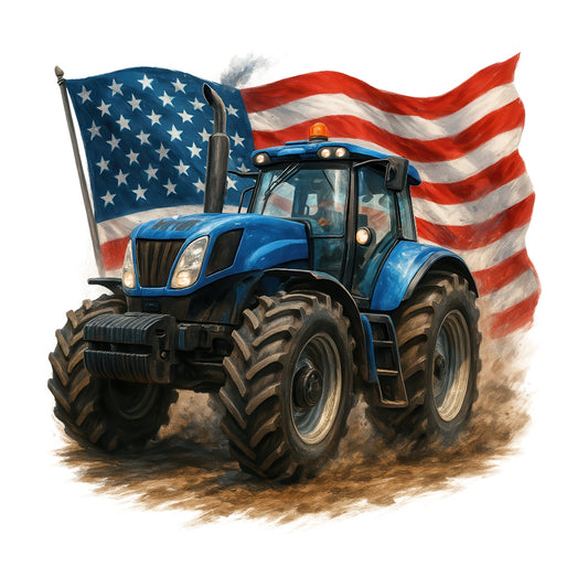 Patriotic Tractor Fabric Panel 8 features a detailed blue tractor with a flowing American flag backdrop on premium quilting cotton.