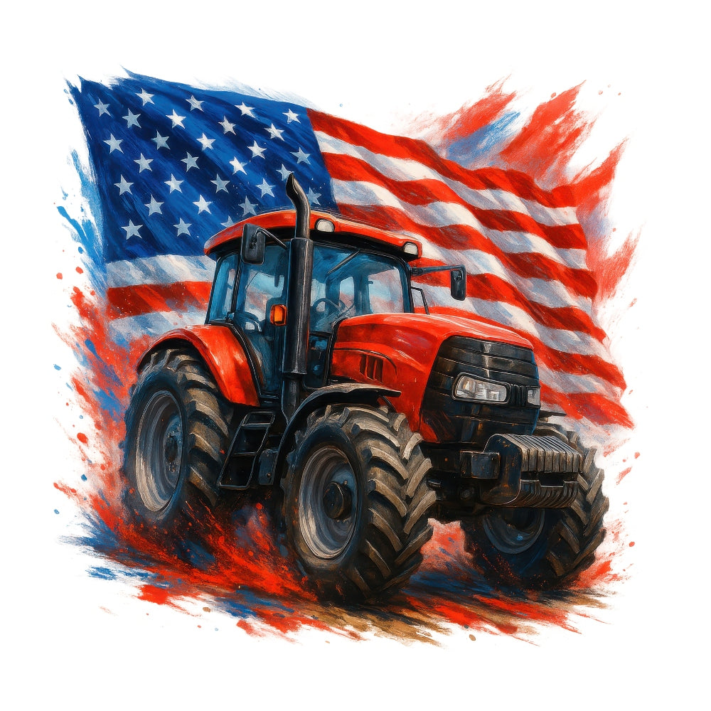 Patriotic Tractor Fabric Panel 9 features a red tractor in front of a waving American flag on premium quilting cotton.