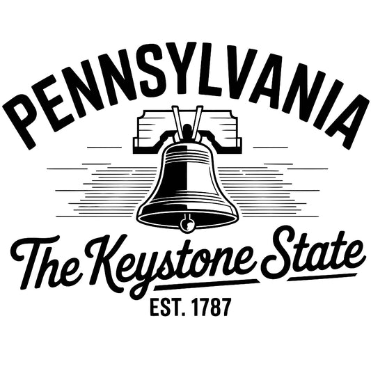 Pennsylvania Black and White Fabric Panel featuring vintage Liberty Bell design and Keystone State text in premium quilting cotton.